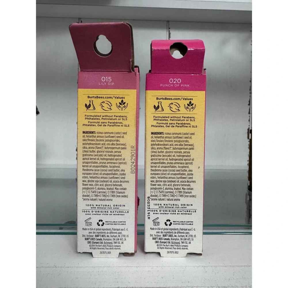 Burts Bees Lip Gloss Set 015 Lily Dip 020 Punch of Pink 0.5oz 2 Pack New
